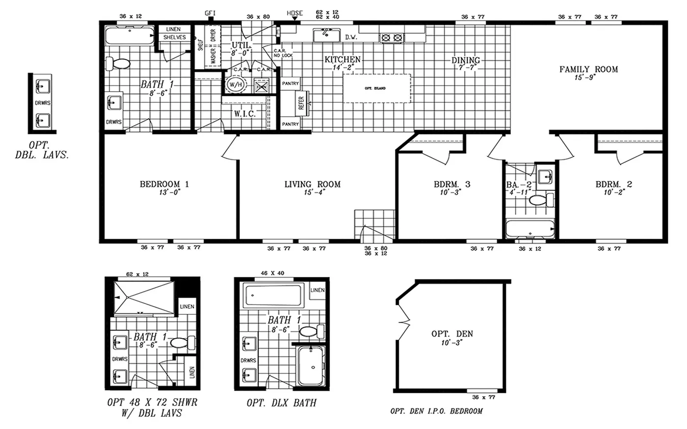 The 2022 COLUMBIA RIVER (NEW) Floor Plan. This Manufactured Mobile Home features 3 bedrooms and 2 baths.