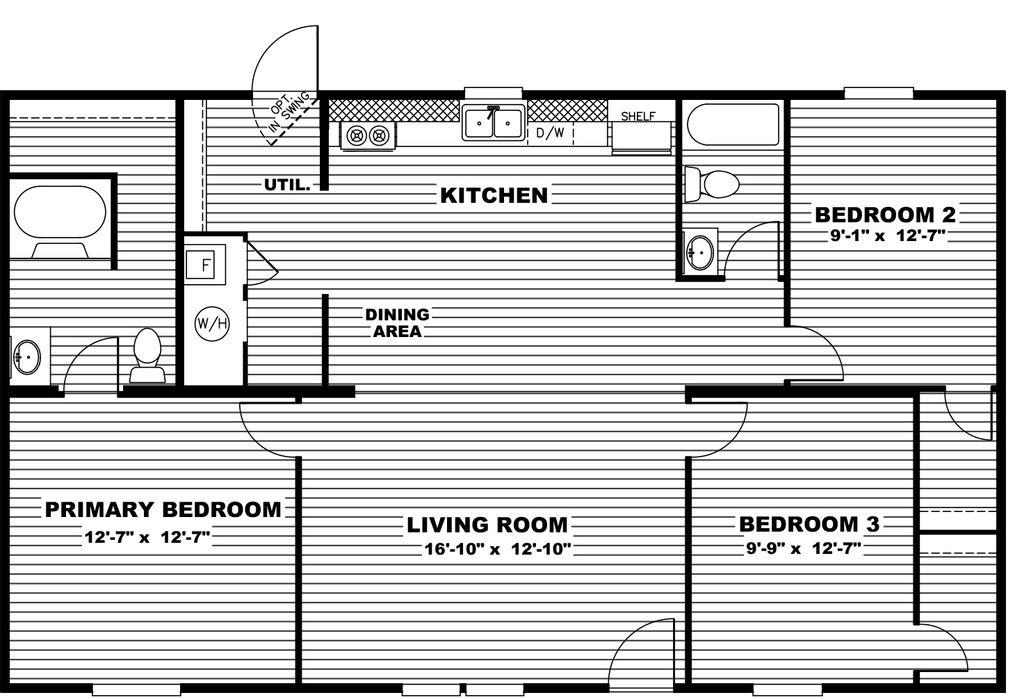 The EXCITEMENT Floor Plan. This Manufactured Mobile Home features 3 bedrooms and 2 baths.