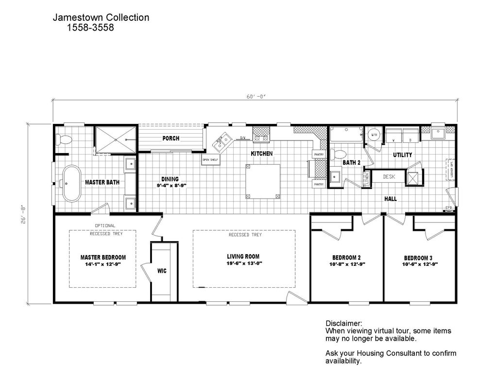 The 1558 JAMESTOWN Floor Plan. This Manufactured Home features 3 bedrooms and 2 baths.