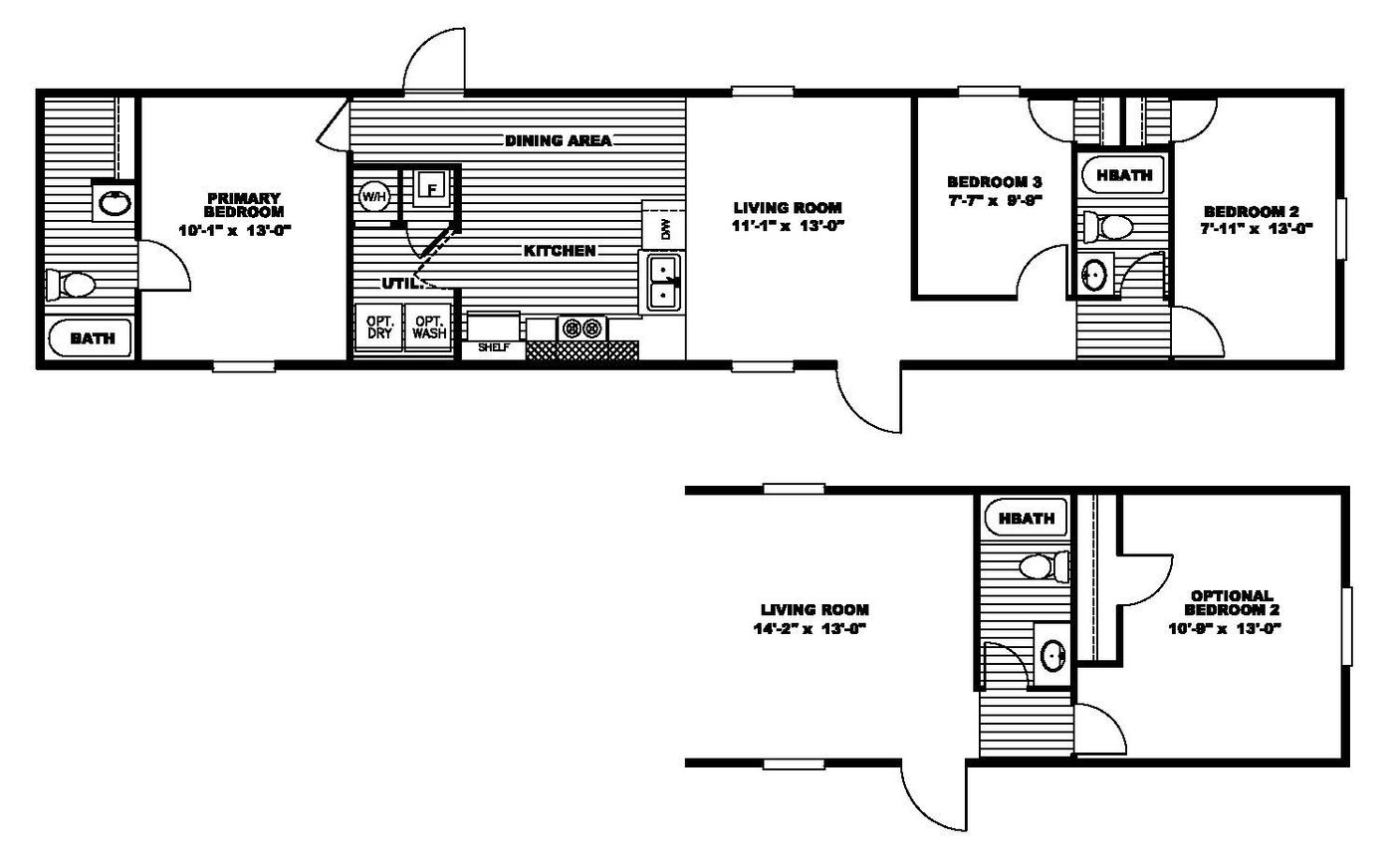 The ULTRA PRO 14X64 Floor Plan. This Manufactured Mobile Home features 3 bedrooms and 2 baths.