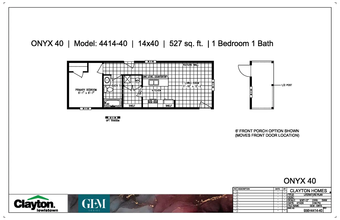 The ONYX Floor Plan. This Manufactured Mobile Home features 1 bedroom and 1 bath.