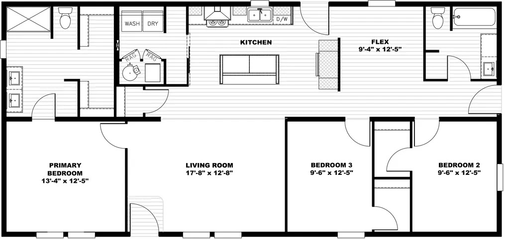 The LET IT BE Standard Floor Plan. This Manufactured Mobile Home features 3 bedrooms and 2 baths.