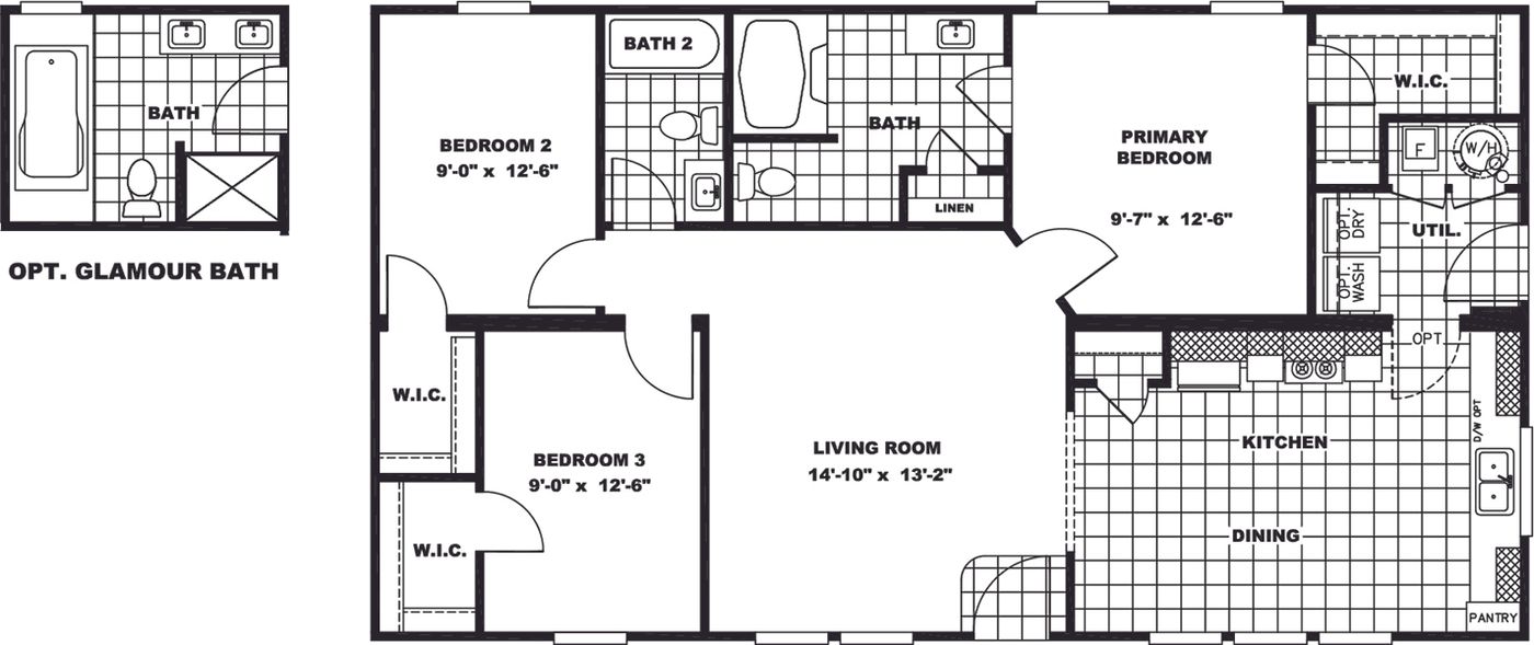 The RENEGADE 48A Floor Plan. This Manufactured Mobile Home features 3 bedrooms and 2 baths.