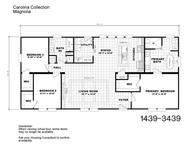 The 1439 CAROLINA "MAGNOLIA" Floor Plan. This Manufactured Mobile Home features 3 bedrooms and 2 baths.