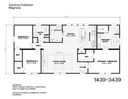 The 1439 CAROLINA "MAGNOLIA" Floor Plan. This Manufactured Mobile Home features 3 bedrooms and 2 baths.