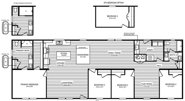 The 5425 "RIDGE" 7628 Floor Plan. This Manufactured Mobile Home features 4 bedrooms and 2 baths.