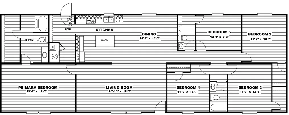 The TRIUMPH Floor Plan. This Manufactured Mobile Home features 5 bedrooms and 3 baths.
