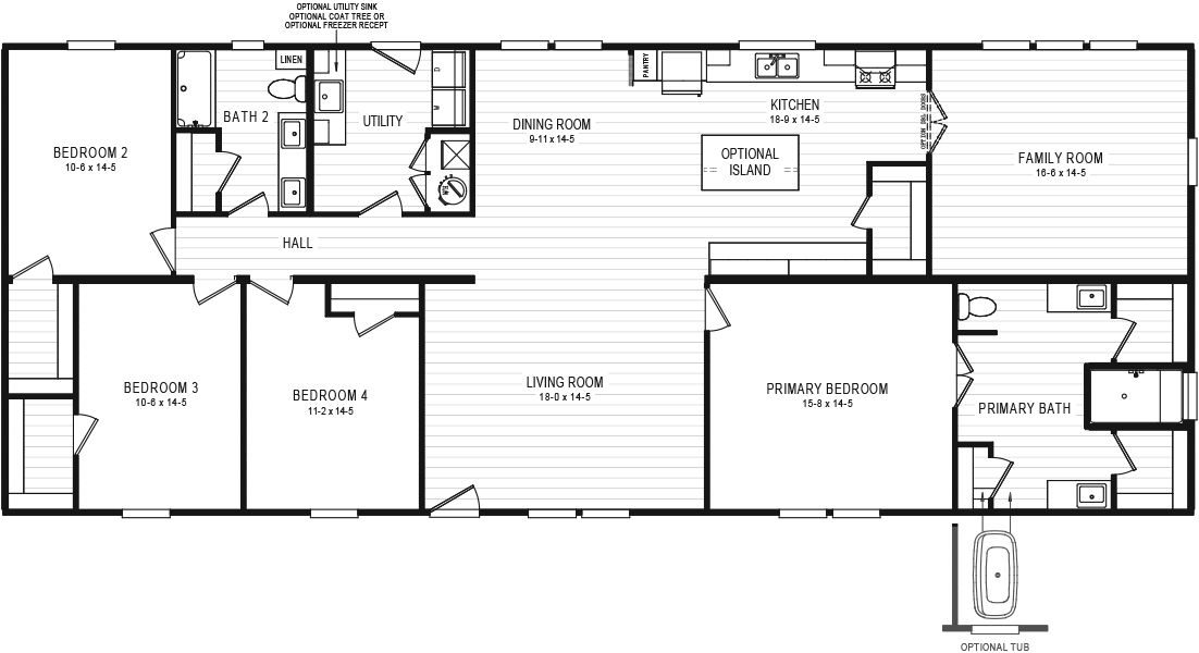 The 5430 "UWHARRIE" 7632 Floor Plan. This Manufactured Mobile Home features 4 bedrooms and 2 baths.