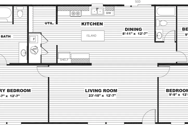 The THRILL Floor Plan. This Manufactured Mobile Home features 3 bedrooms and 2 baths.