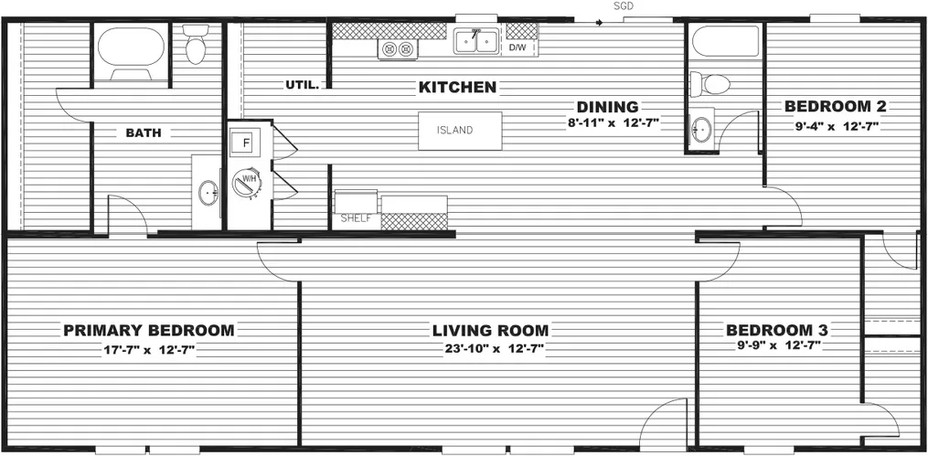 The THRILL Floor Plan. This Manufactured Mobile Home features 3 bedrooms and 2 baths.