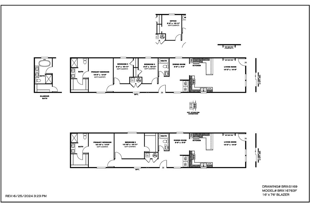 The BLAZER 76 F Floor Plan. This Manufactured Mobile Home features 3 bedrooms and 2 baths.