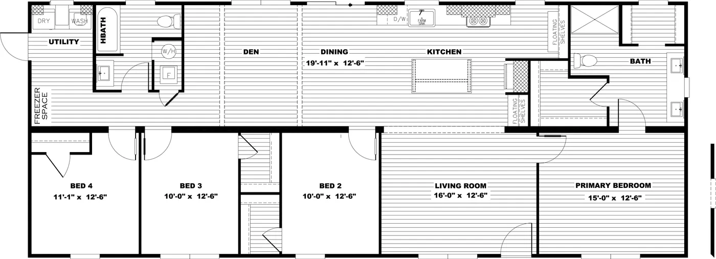 The ANGELINA Floor Plan. This Manufactured Mobile Home features 4 bedrooms and 2 baths.