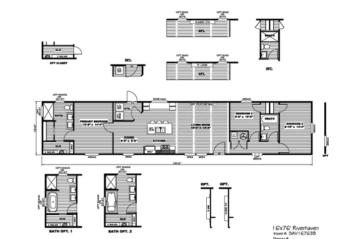 The RIVERHAVEN Floor Plan. This Manufactured Mobile Home features 3 bedrooms and 2 baths.