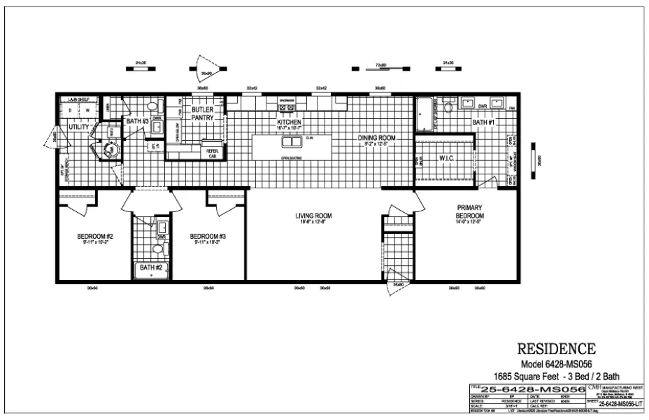 The BUTLER PLACE/6428-MS056 SECT Floor Plan. This Manufactured Mobile Home features 3 bedrooms and 3 baths.