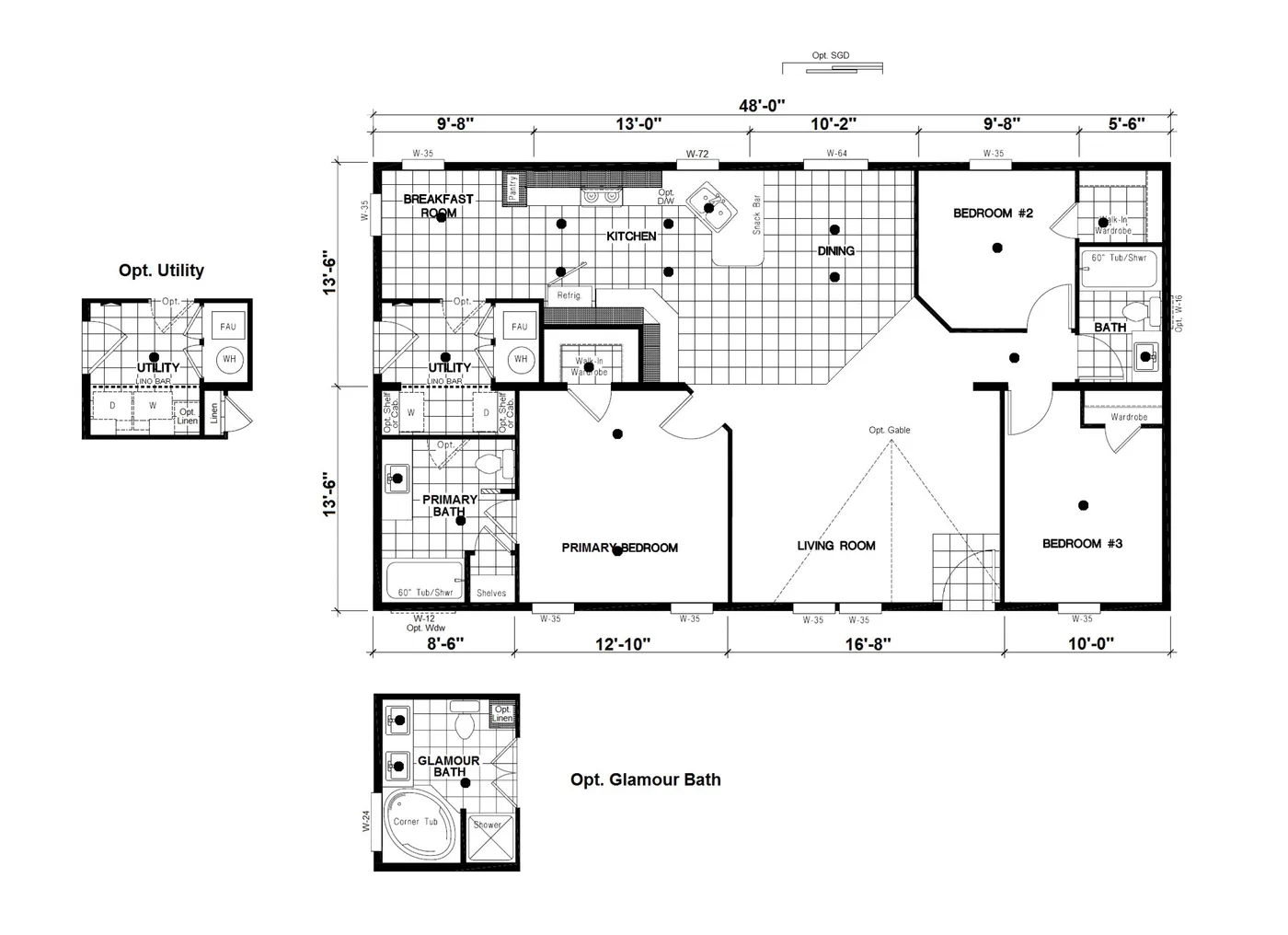 The DRM483F 48'              DREAM Floor Plan. This Manufactured Mobile Home features 3 bedrooms and 2 baths.