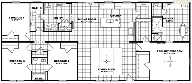 The THE OCEANSIDE Floor Plan. This Manufactured Mobile Home features 4 bedrooms and 3 baths.