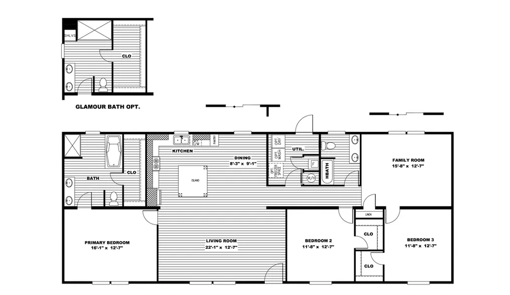 The ULTRO PRO HERCULES Floor Plan. This Manufactured Mobile Home features 3 bedrooms and 2 baths.