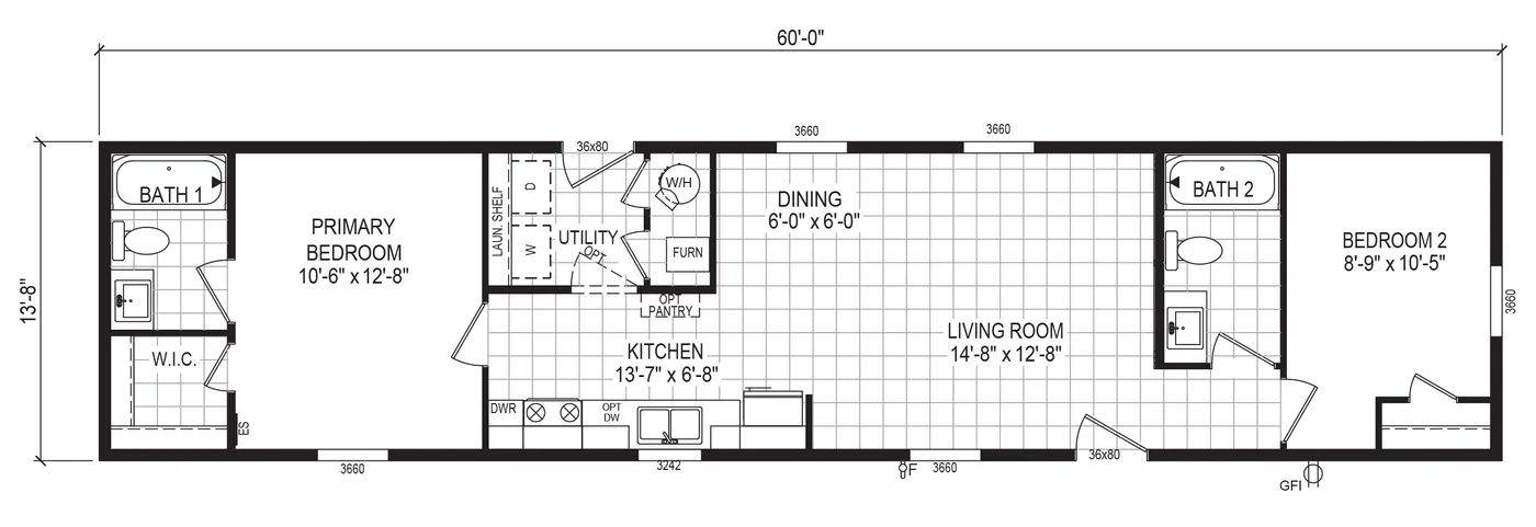 The 6014-E704 THE PULSE Floor Plan. This Manufactured Mobile Home features 2 bedrooms and 2 baths.