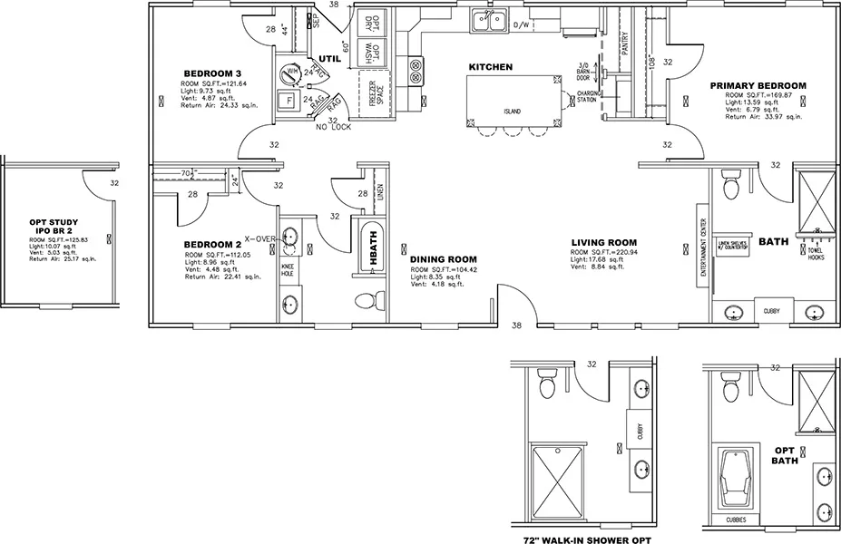 The ULTRA ISLAND BREEZE 56' Floor Plan. This Manufactured Mobile Home features 3 bedrooms and 2 baths.