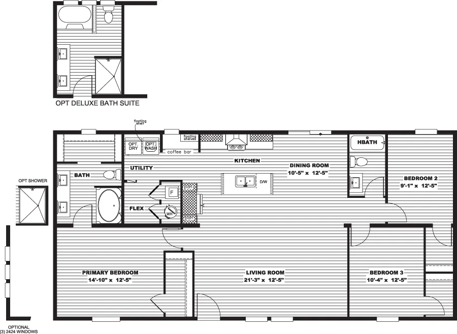 The RIO Floor Plan. This Manufactured Mobile Home features 3 bedrooms and 2 baths.