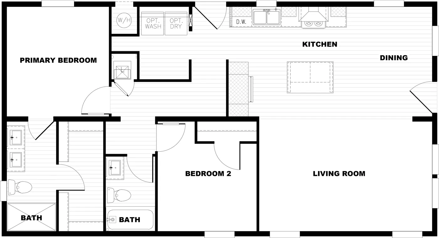 The CMH TEM2444-2A RISING SUN Floor Plan. This Manufactured Mobile Home features 2 bedrooms and 2 baths.