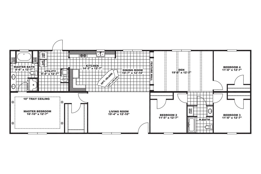 The KENNESAW ELITE Floor Plan. This Manufactured Mobile Home features 4 bedrooms and 2 baths.