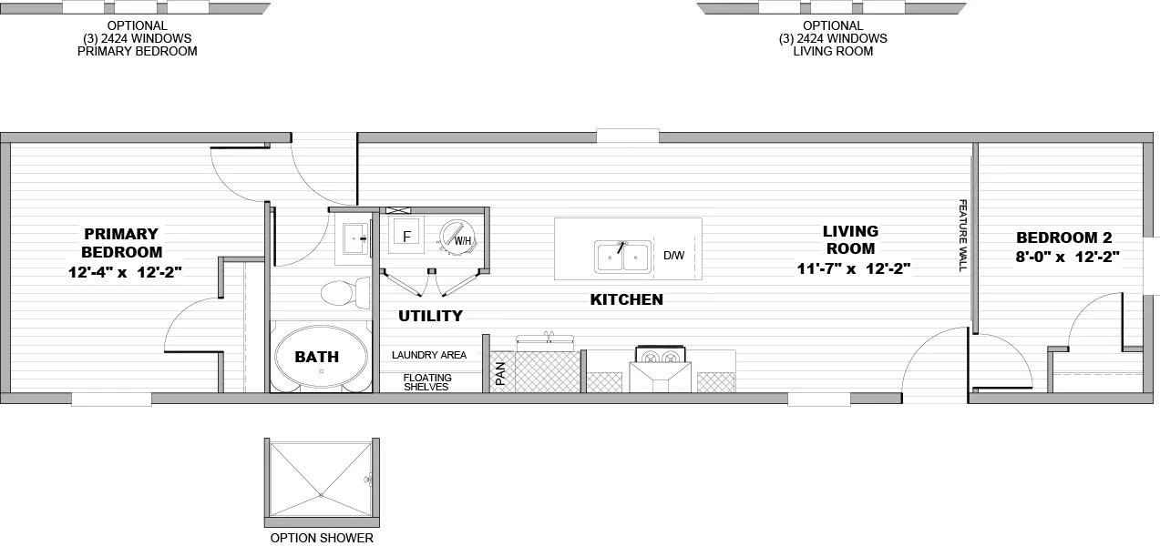 The POLO Floor Plan. This Manufactured Mobile Home features 2 bedrooms and 1 bath.