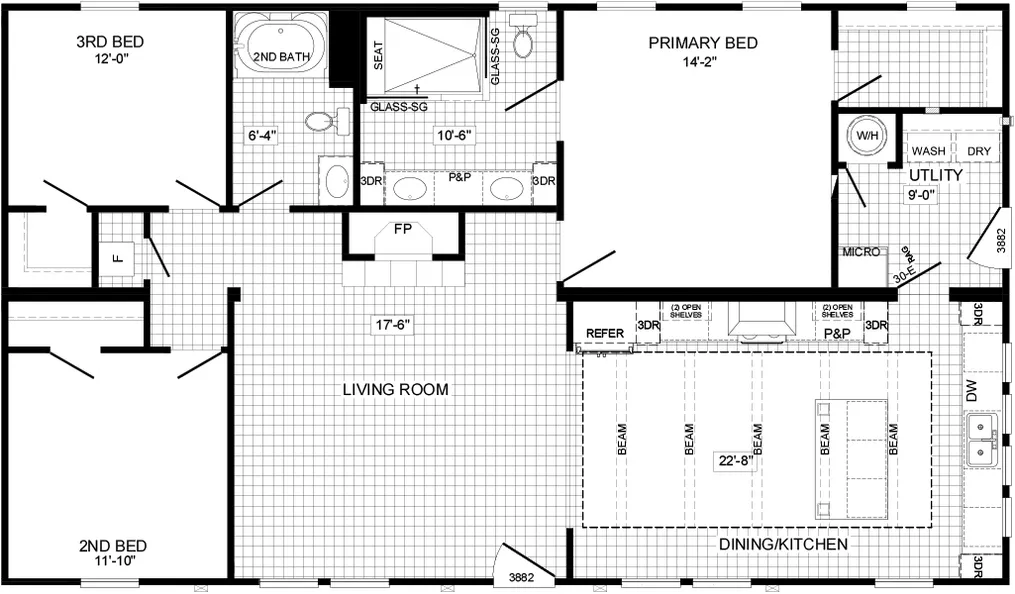 The THE BANDON Floor Plan. This Manufactured Mobile Home features 3 bedrooms and 2 baths.
