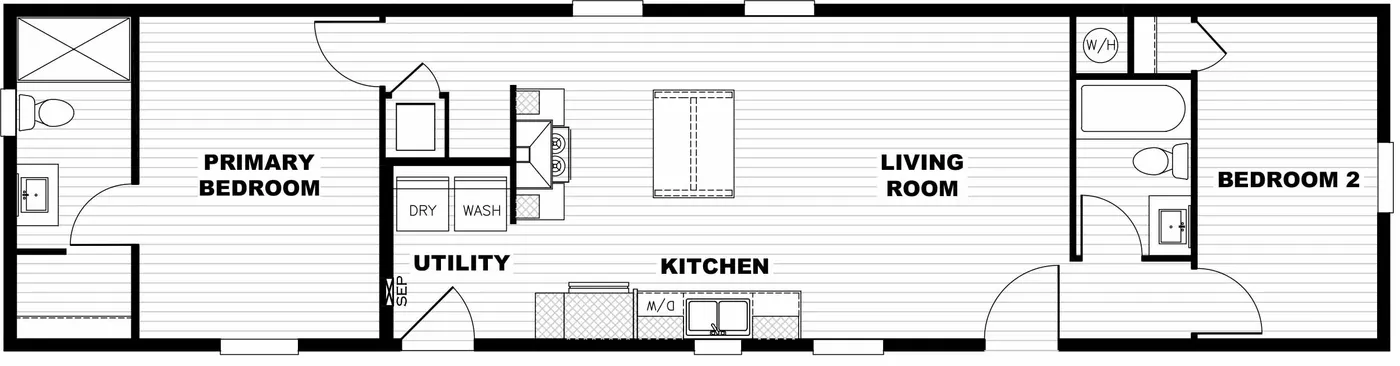 The BORN TO RUN Floor Plan. This Manufactured Mobile Home features 2 bedrooms and 2 baths.