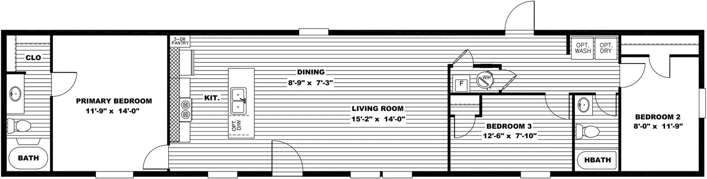 The LEGEND 16X72 COASTAL BREEZE I Floor Plan. This Manufactured Mobile Home features 3 bedrooms and 2 baths.
