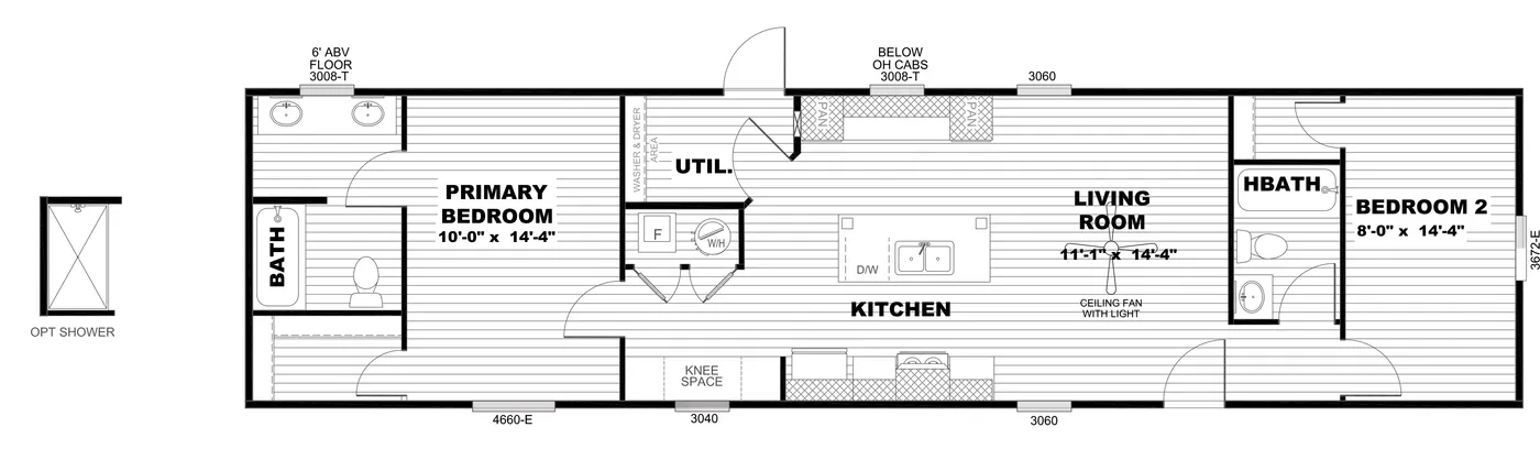 The SELECT 16602S Floor Plan. This Manufactured Mobile Home features 2 bedrooms and 2 baths.