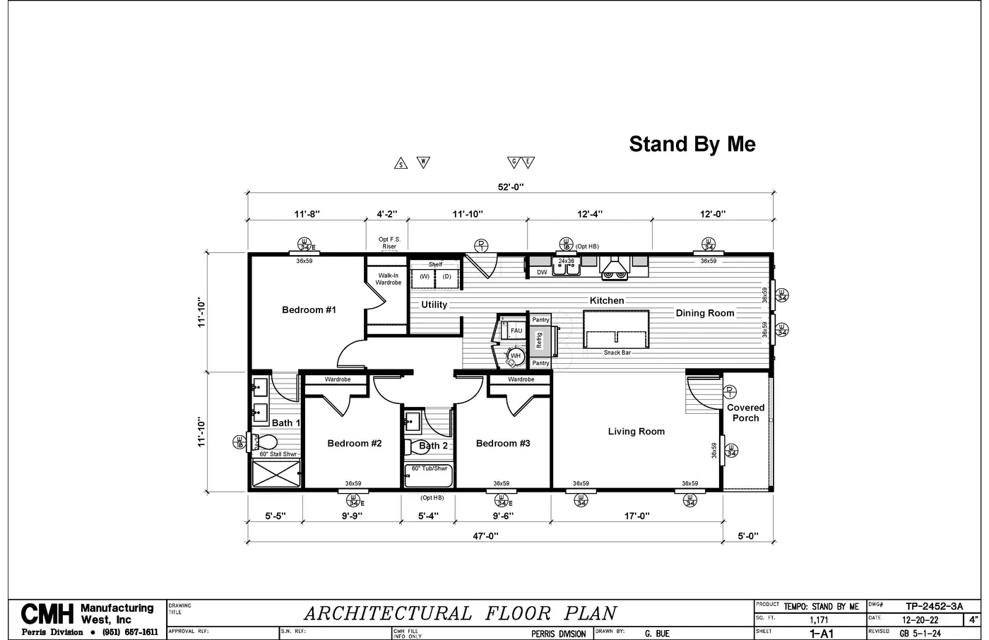 The STAND BY ME Floor Plan. This Manufactured Mobile Home features 3 bedrooms and 2 baths.