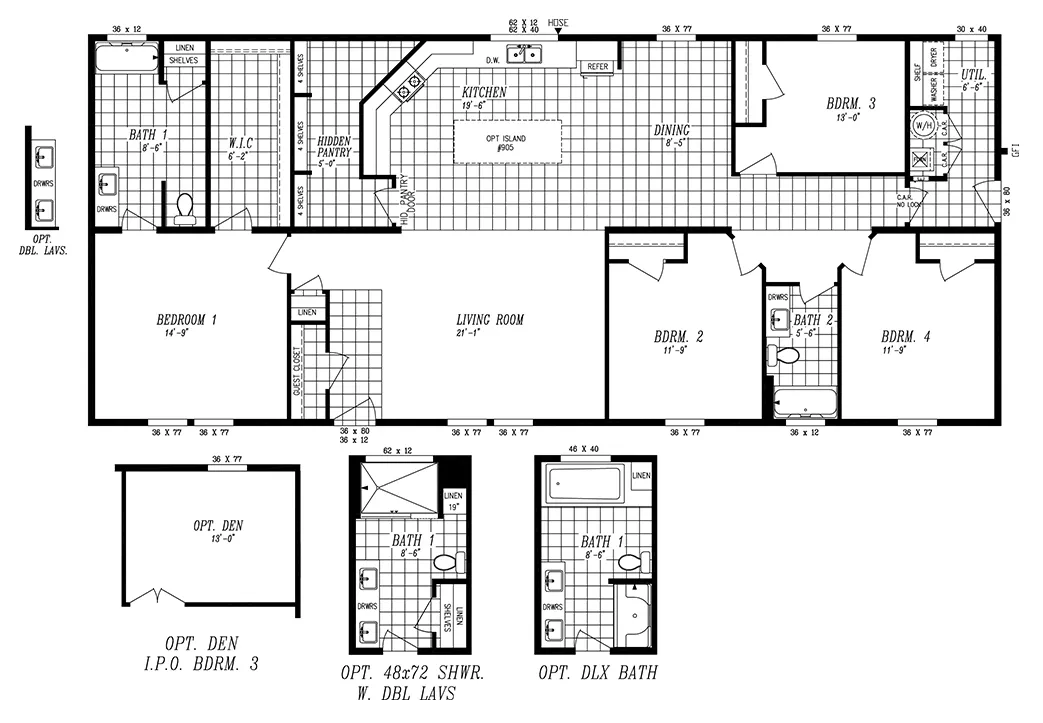 The 2028 COLUMBIA RIVER (NEW) Floor Plan. This Manufactured Mobile Home features 4 bedrooms and 2 baths.