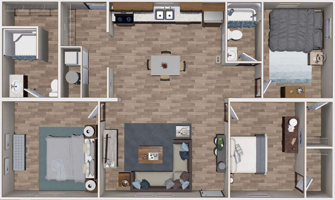 The EXCITEMENT Floor Plan. This Manufactured Mobile Home features 3 bedrooms and 2 baths.