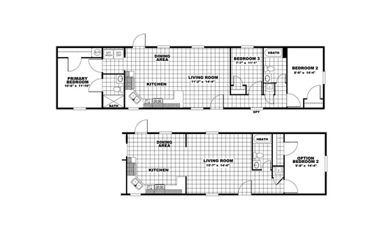 The ULTRA PRO 16X64 Floor Plan. This Manufactured Mobile Home features 3 bedrooms and 2 baths.