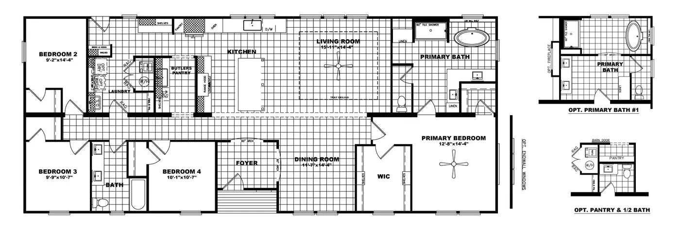 The THE ARCHIBALD Floor Plan. This Manufactured Mobile Home features 4 bedrooms and 2 baths.
