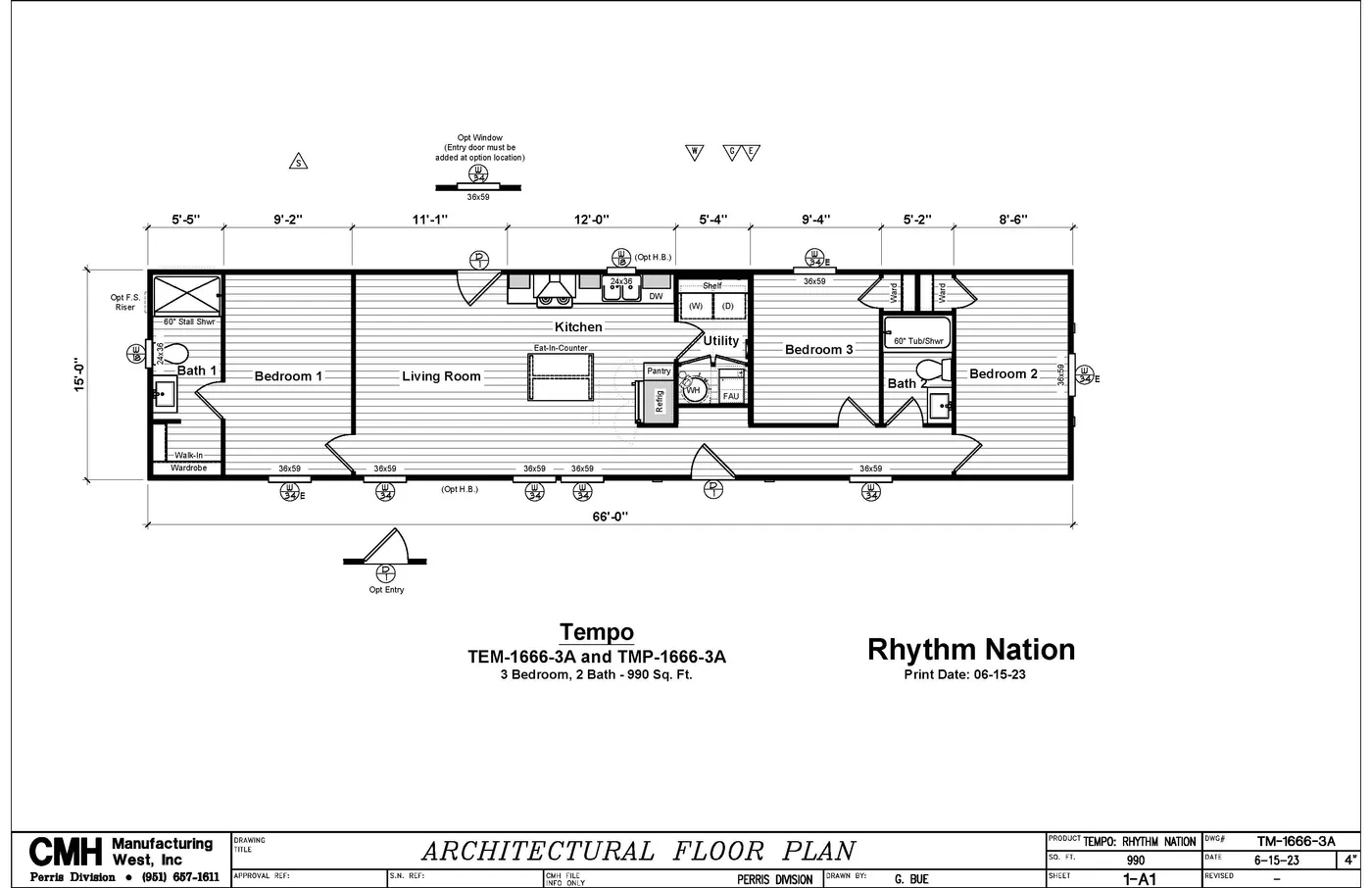 The RHYTHM NATION Floor Plan. This Manufactured Mobile Home features 3 bedrooms and 2 baths.