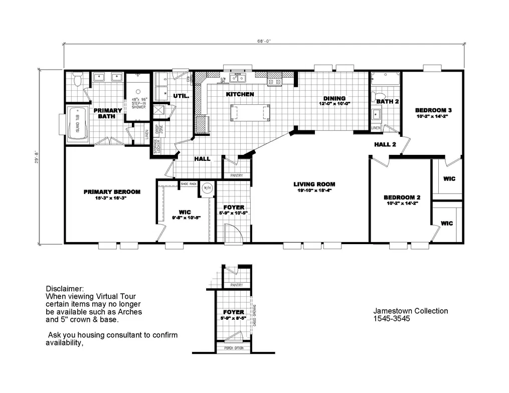 The 1545 JAMESTOWN Floor Plan. This Manufactured Home features 3 bedrooms and 2 baths.