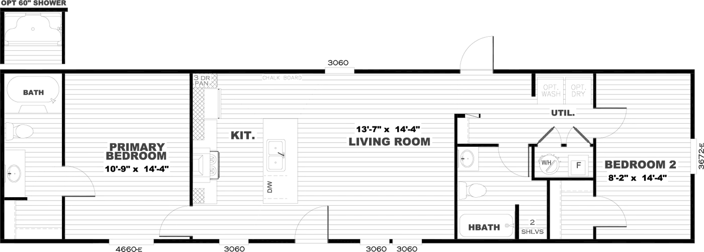 The BREEZE 16602A Floor Plan. This Manufactured Mobile Home features 2 bedrooms and 2 baths.