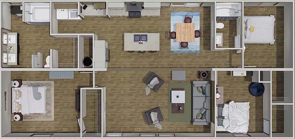 The RIO Floor Plan. This Manufactured Mobile Home features 3 bedrooms and 2 baths.