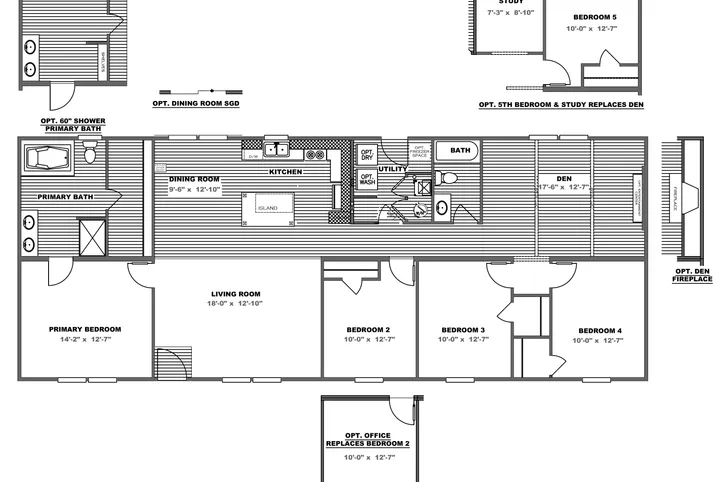 The TRADITION 2868B Floor Plan. This Manufactured Mobile Home features 4 bedrooms and 2 baths.
