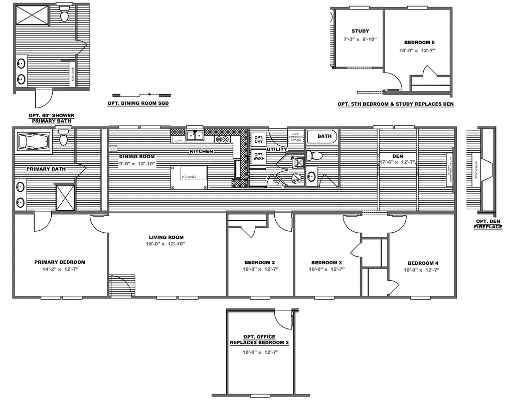 The TRADITION 2868B Floor Plan. This Manufactured Mobile Home features 4 bedrooms and 2 baths.