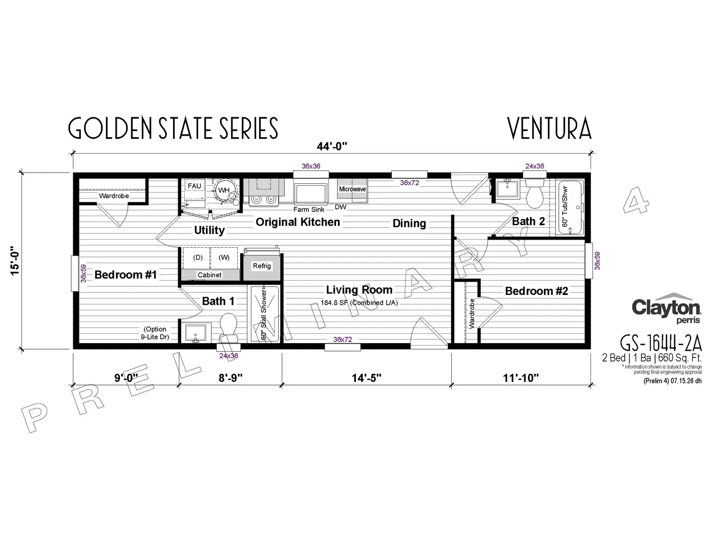 The VENTURA Floor Plan. This Manufactured Mobile Home features 2 bedrooms and 2 baths.
