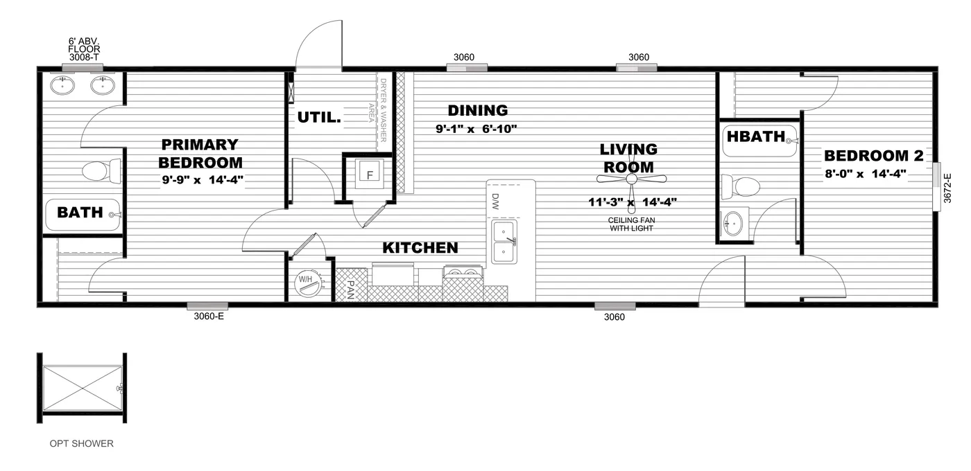 The SELECT 16562A Floor Plan. This Manufactured Mobile Home features 2 bedrooms and 2 baths.