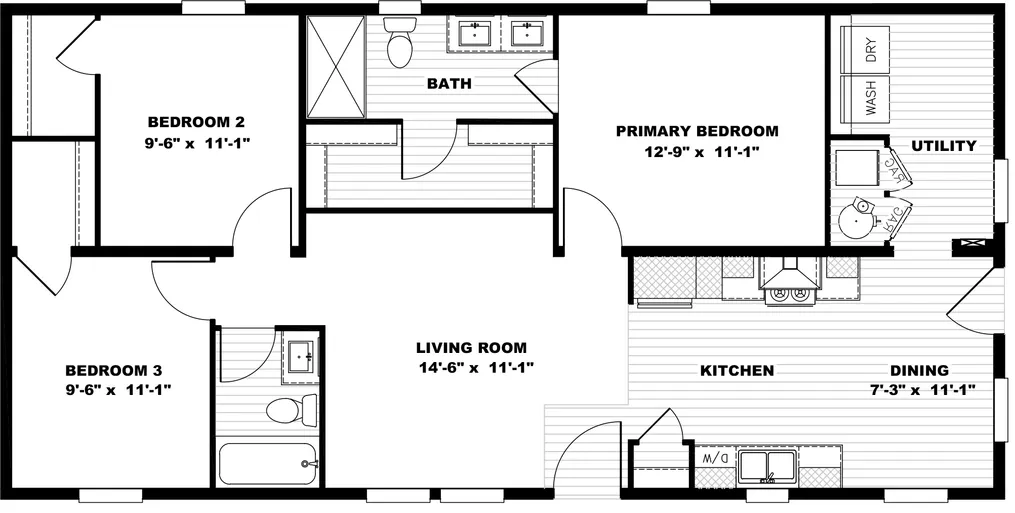 The HERE COMES THE SUN Floor Plan. This Manufactured Mobile Home features 3 bedrooms and 2 baths.