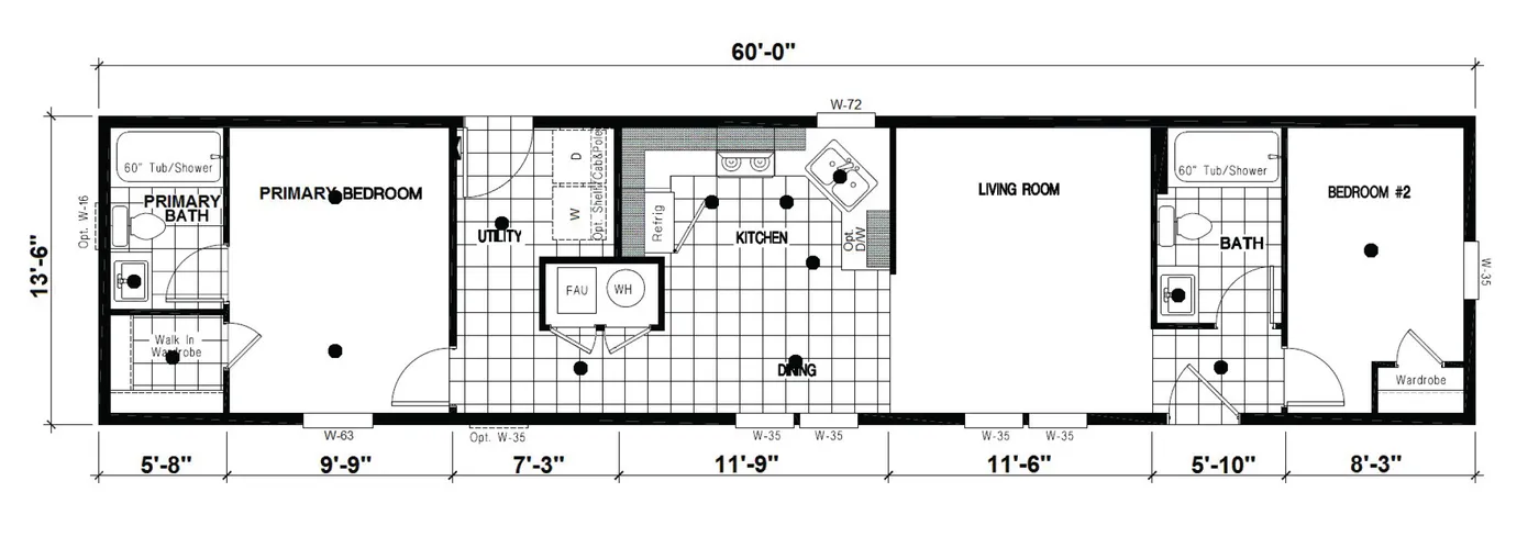 The DRM601M 60'              DREAM Floor Plan. This Manufactured Mobile Home features 1 bedroom and 2 baths.