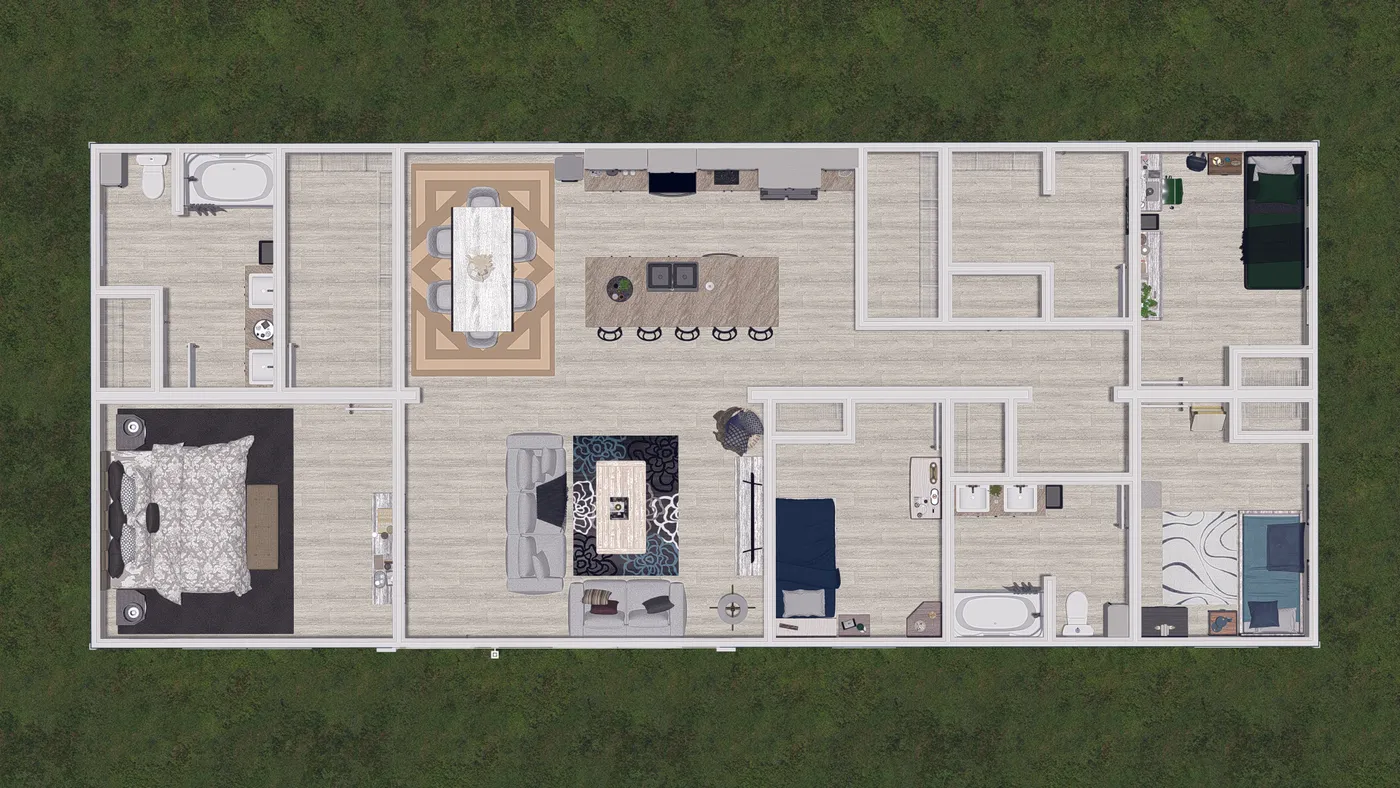 The 3031 "BIRDIE" 6428 Floor Plan. This Manufactured Mobile Home features 4 bedrooms and 2 baths.