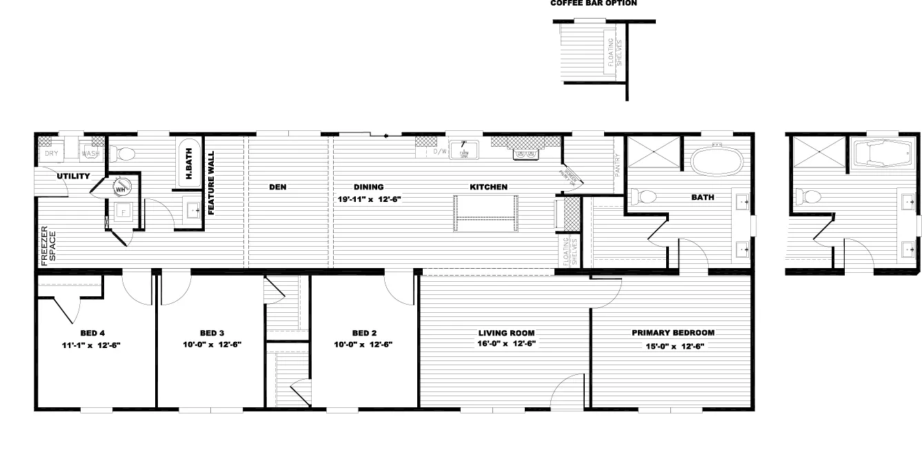 The THE ANGELINA Floor Plan. This Manufactured Mobile Home features 4 bedrooms and 2 baths.