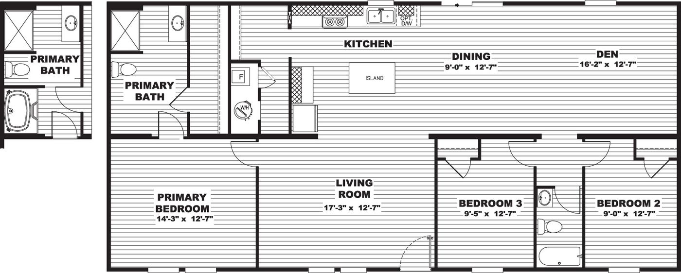 The CEDAR Floor Plan. This Manufactured Mobile Home features 3 bedrooms and 2 baths.