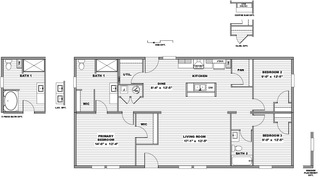 The GLIMPSE Floor Plan. This Manufactured Mobile Home features 3 bedrooms and 2 baths.